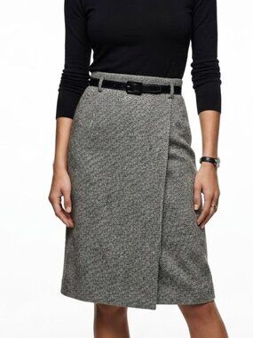 LIQUID Vintage Dark Academia Wool Herringbone Wrap Midi Skirt Size 4